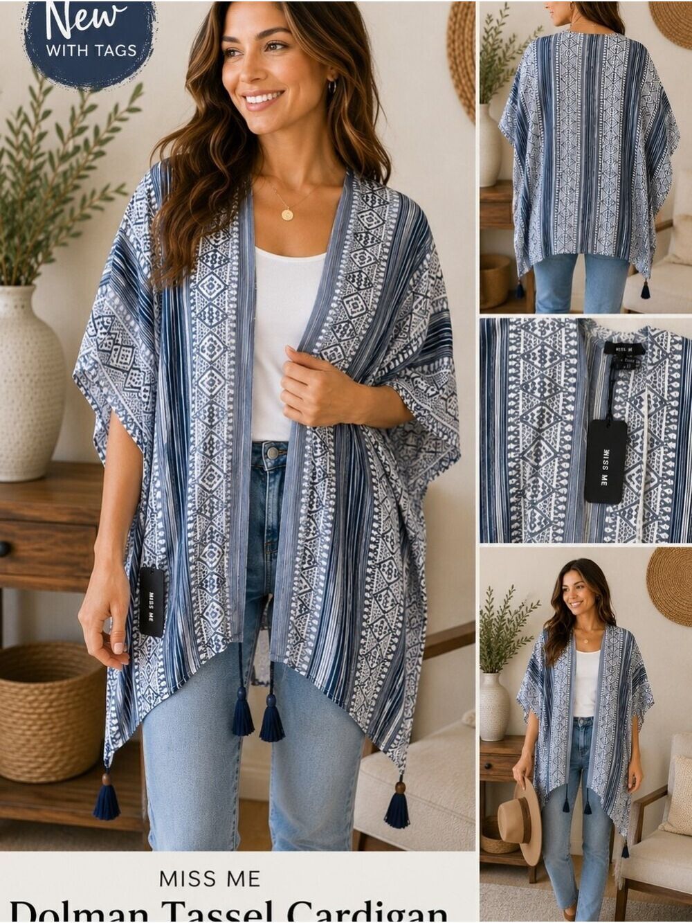 NEW Miss Me Blue Boho Dolman Tassel Cardigan Kimono Cover Up Size Medium